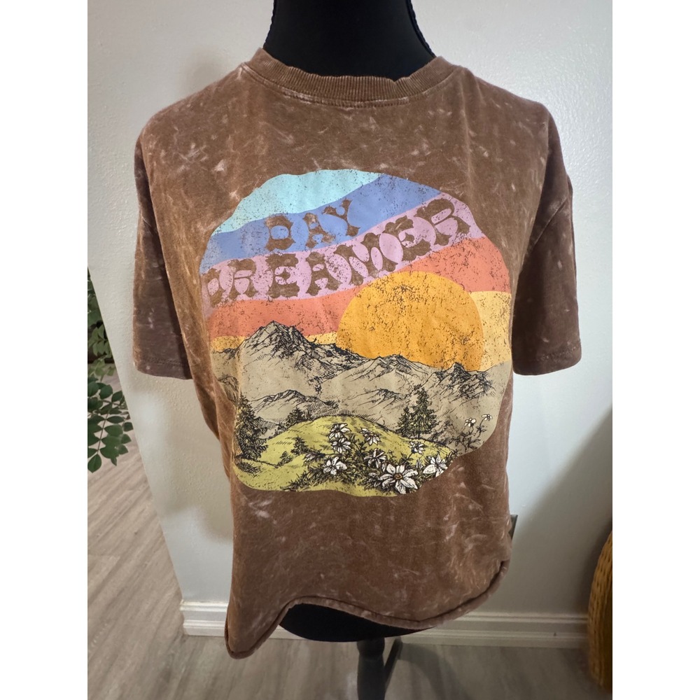 Self Esteem Day Dreamer Graphic Tee Brown Acid Wash Mountain T-Shirt Large